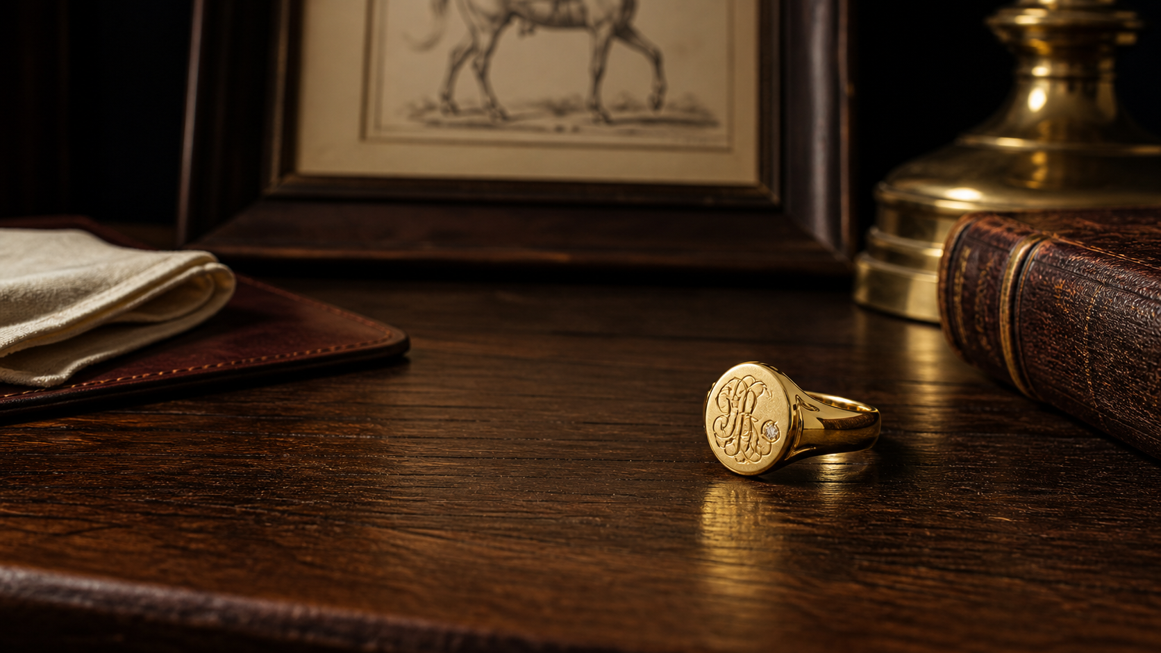 Hand-engraved gold signet ring on a walnut writing desk